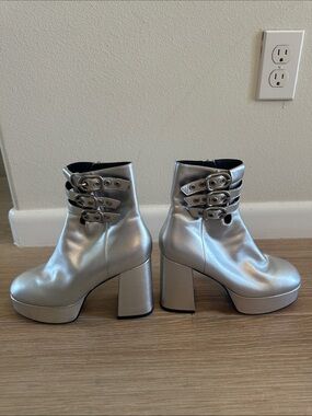 Opening Ceremony Silver Platform Ankle Boots with Strap Buckles - Women
